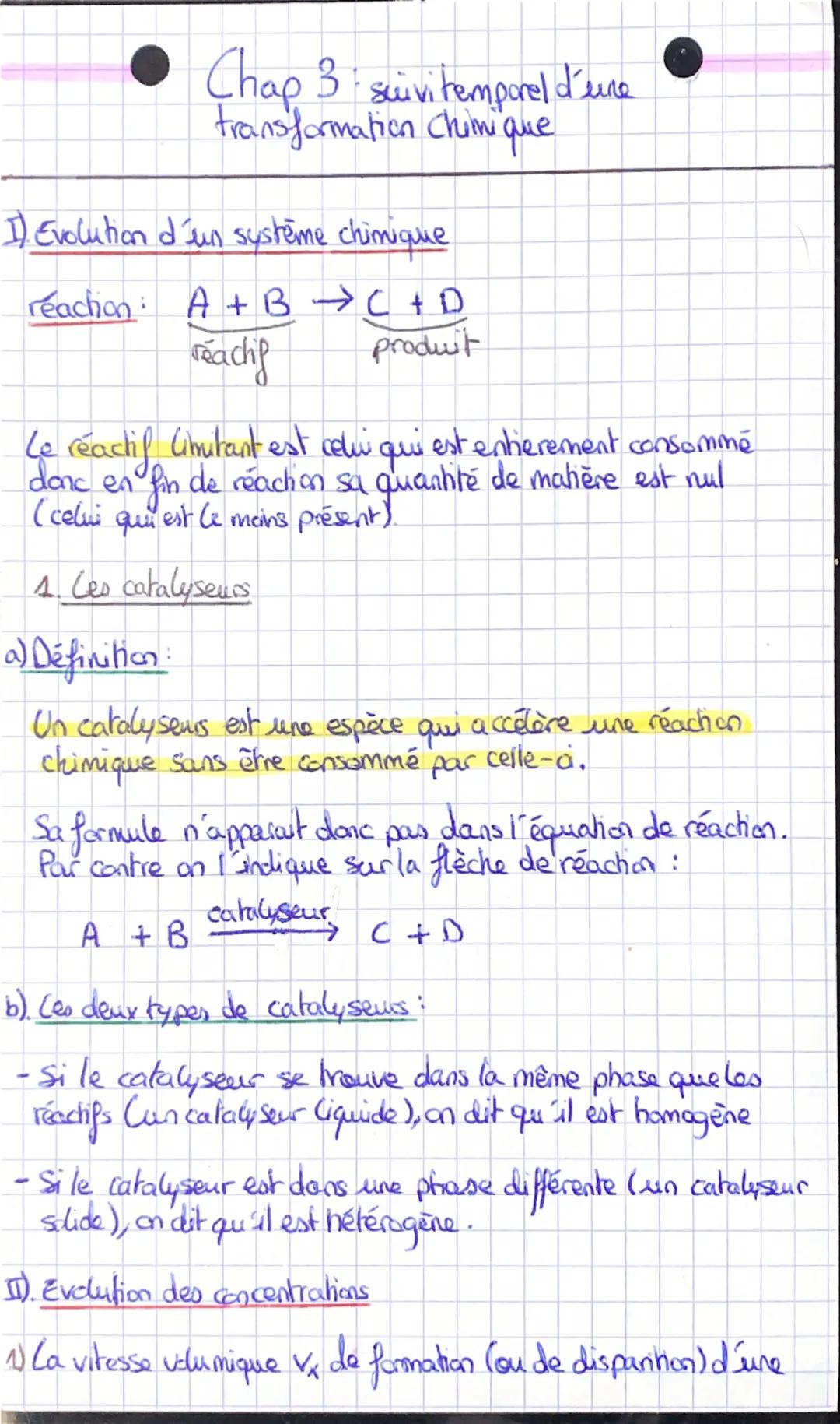 # Chap 3 : suivi temporel d'une
Transformation Chimique

I) Evolution d'un système chimique
réaction :  A + B → C + D
réactif produit

Le ré