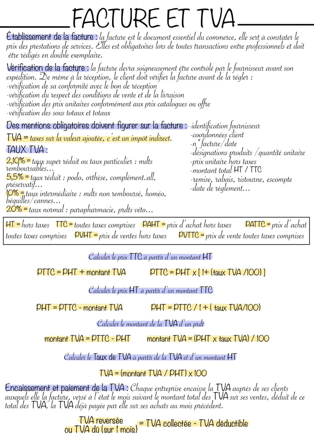 FACTURE ET TVA.
Établissement de la facture : la facture est le document essentiel du commerce, elle sert à constater le
prix des prestation