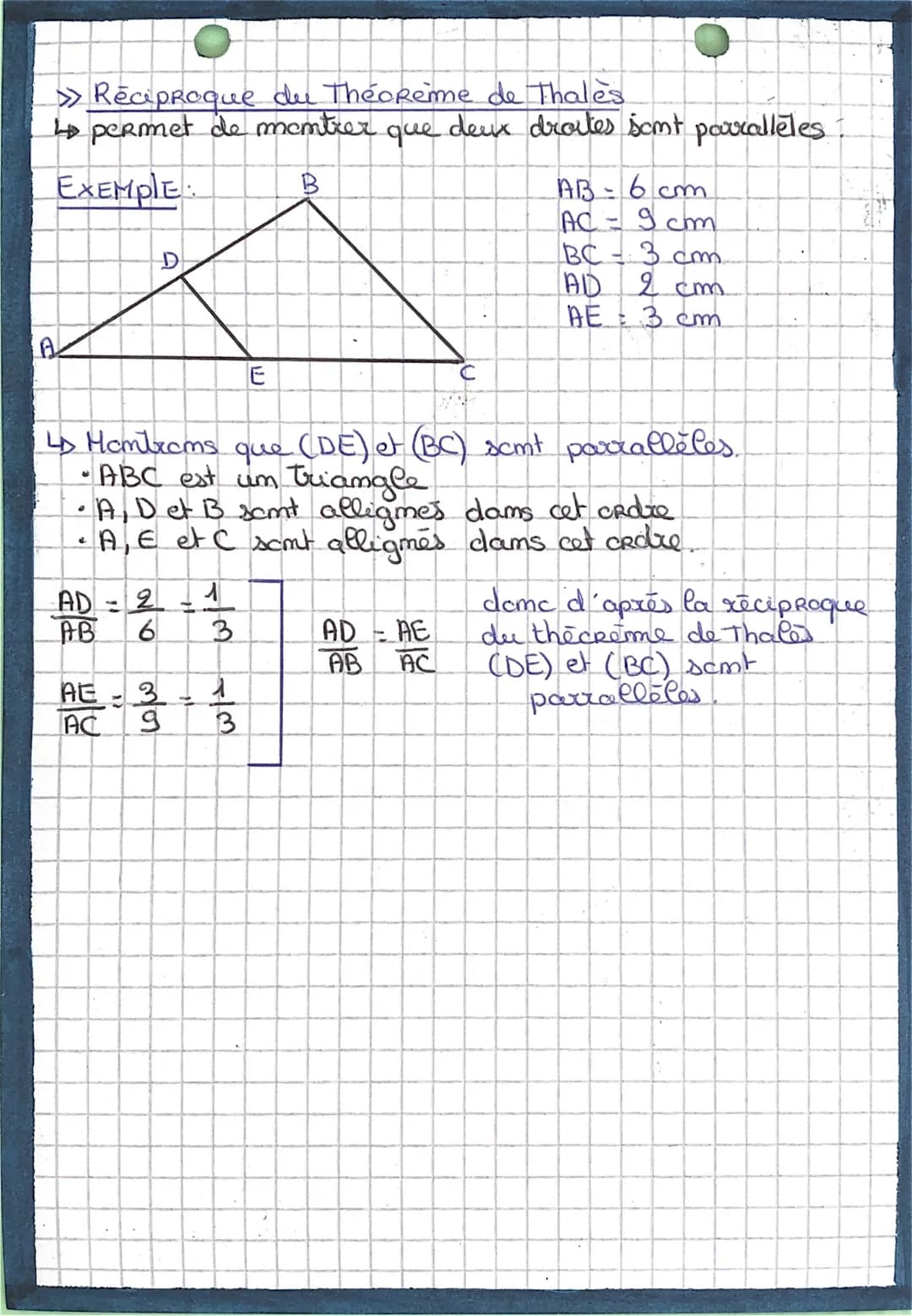 Theoreme de Thales.
4
permet de calculer les lomqueurs dans certaimes figures
↳ pour I' uhliser, il faut la présence de deux droites parallè