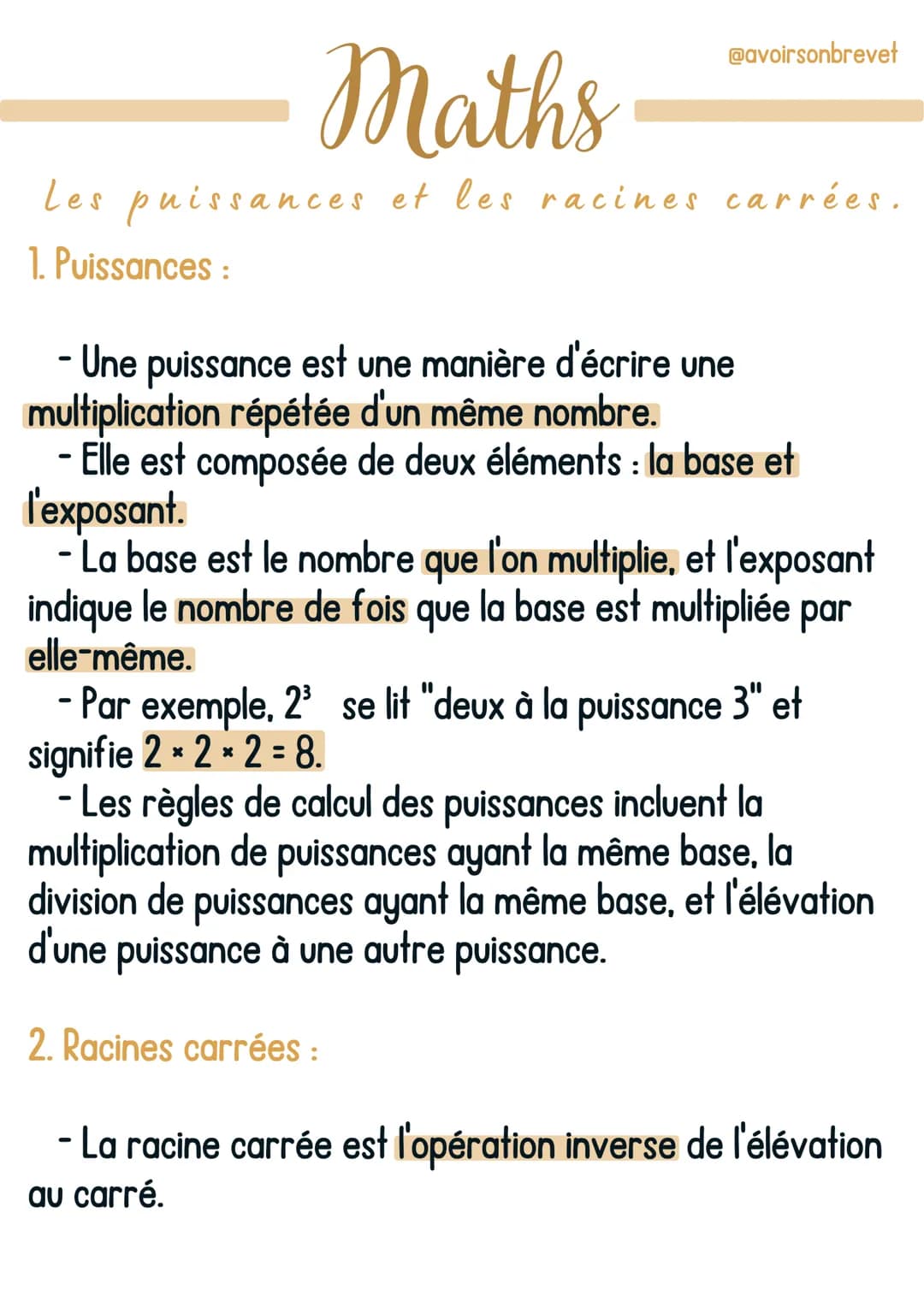 Maths
les puissances et les racines carrées.
1. Puissances :
@avoirsonbrevet
- Une puissance est une manière d'écrire une
multiplication rép