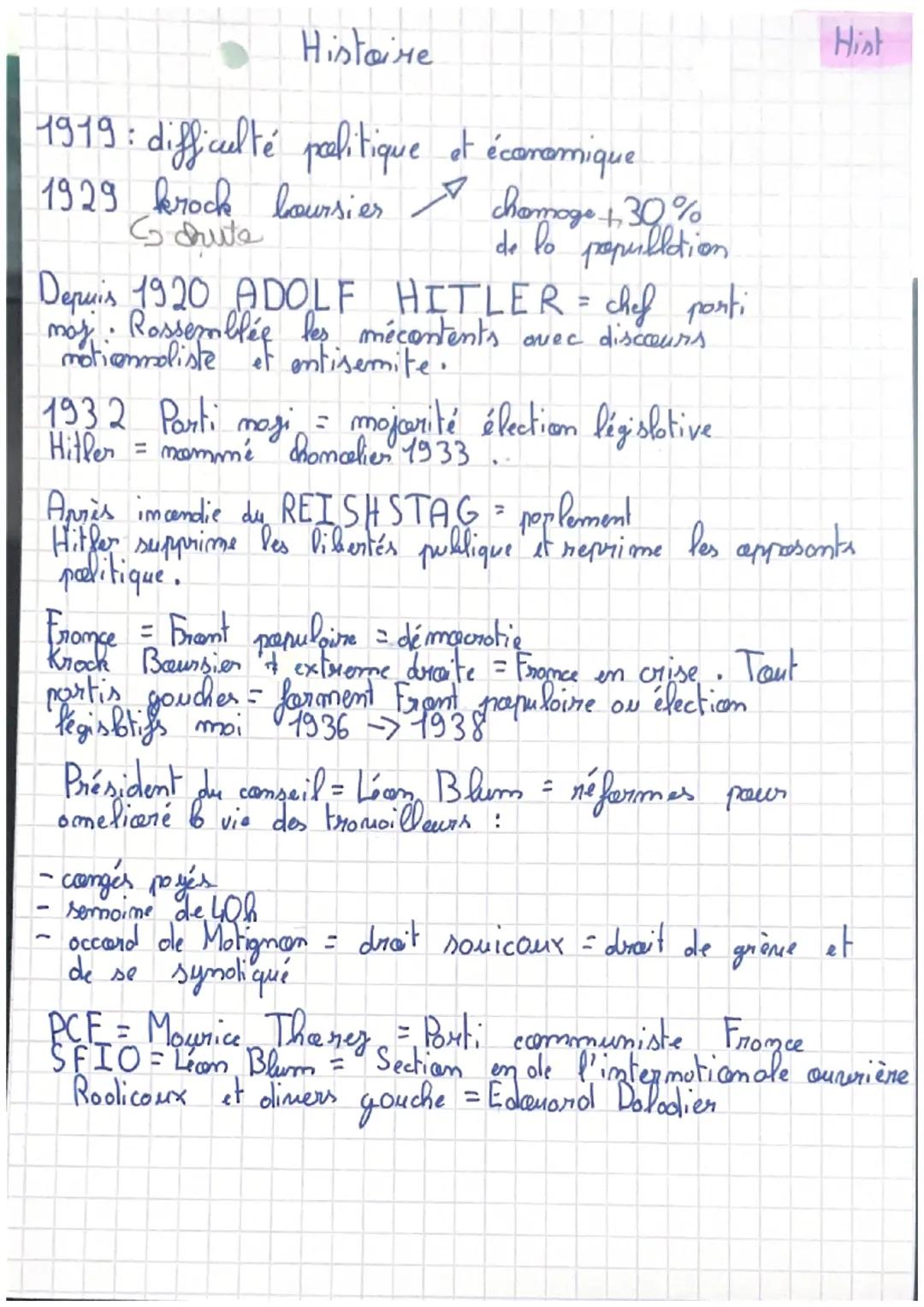 Histoire
1919: difficulté politique et économique
1929 krock boursier chomage +30%
Schuite
de lo population
Depuis 1920 ADOLF HITLER = chef 