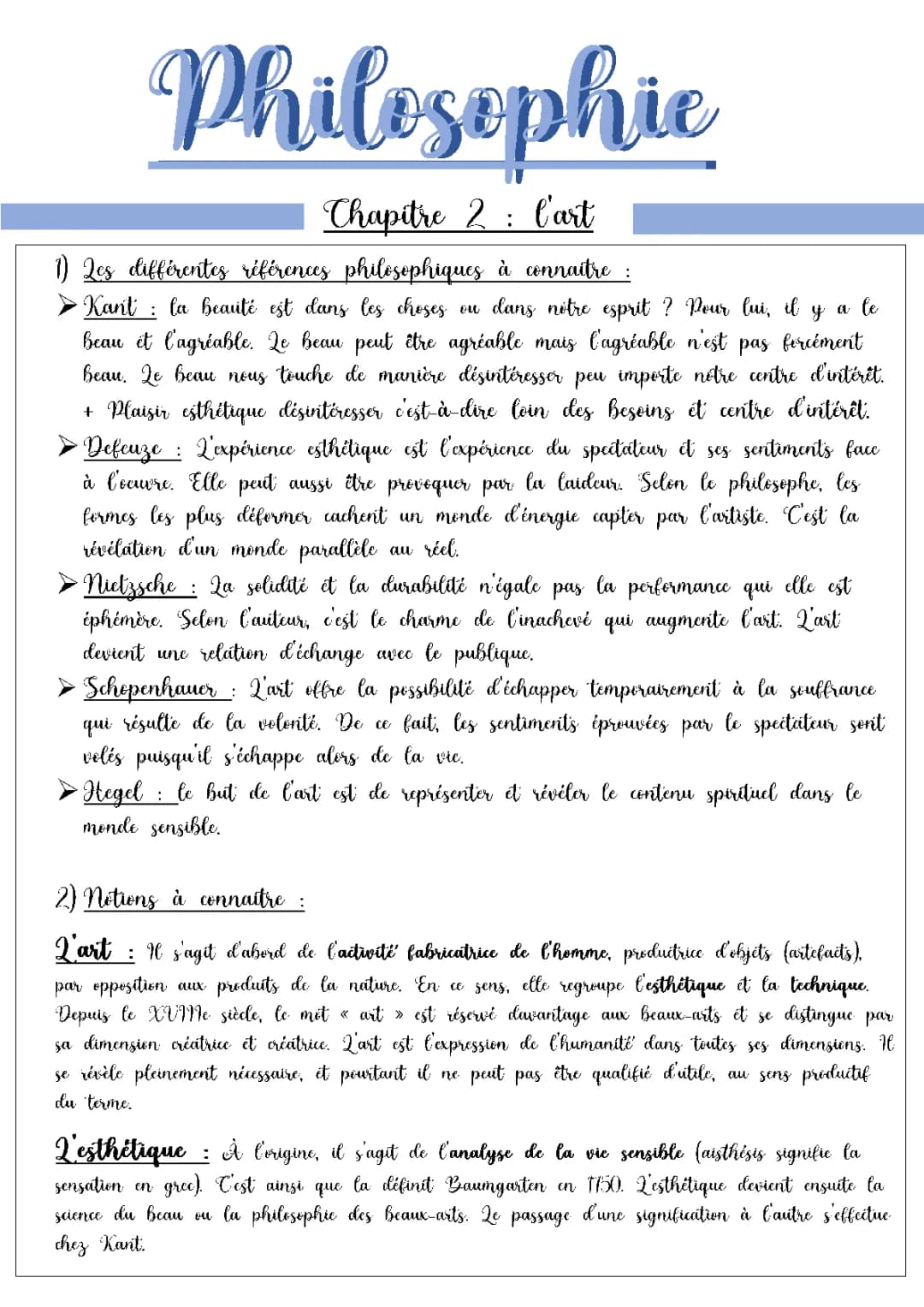 Philosophie - Fiche de révision sur l'art - Spécial Explication de texte
