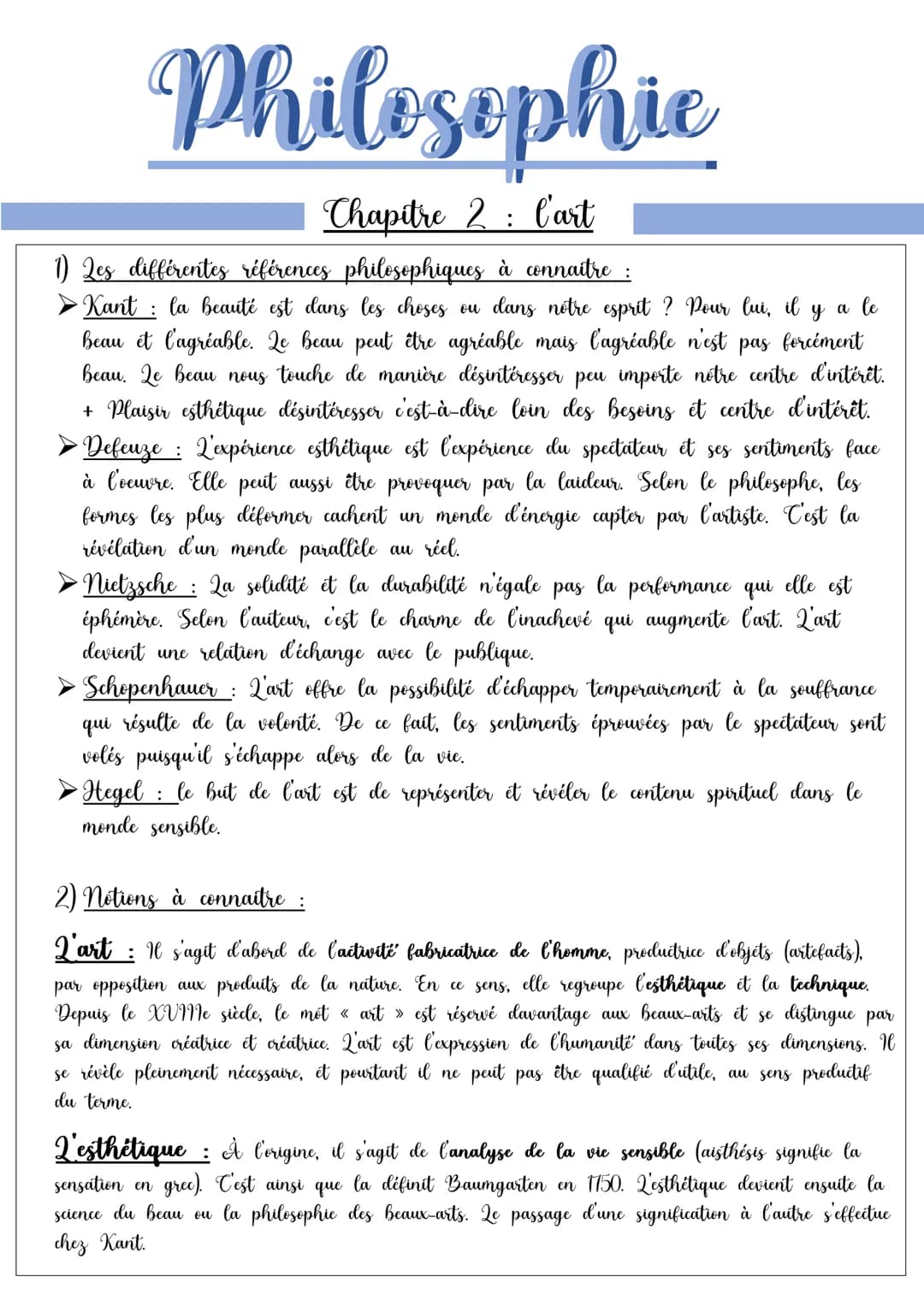 Philosophic
Chapitre 2 : l'art
1) Qes différentes références philosophiques à connaitre :
► Kant : la beauté est dans les choses ou dans not