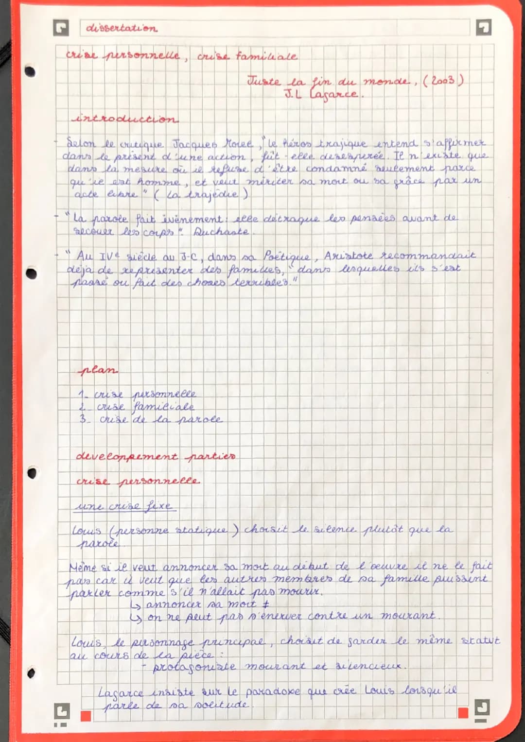 dissertation
crise personnelle, crise familiale
introduction
Selon le crutique Jacques More, le héros trajique entend staffirmer
dans le pré