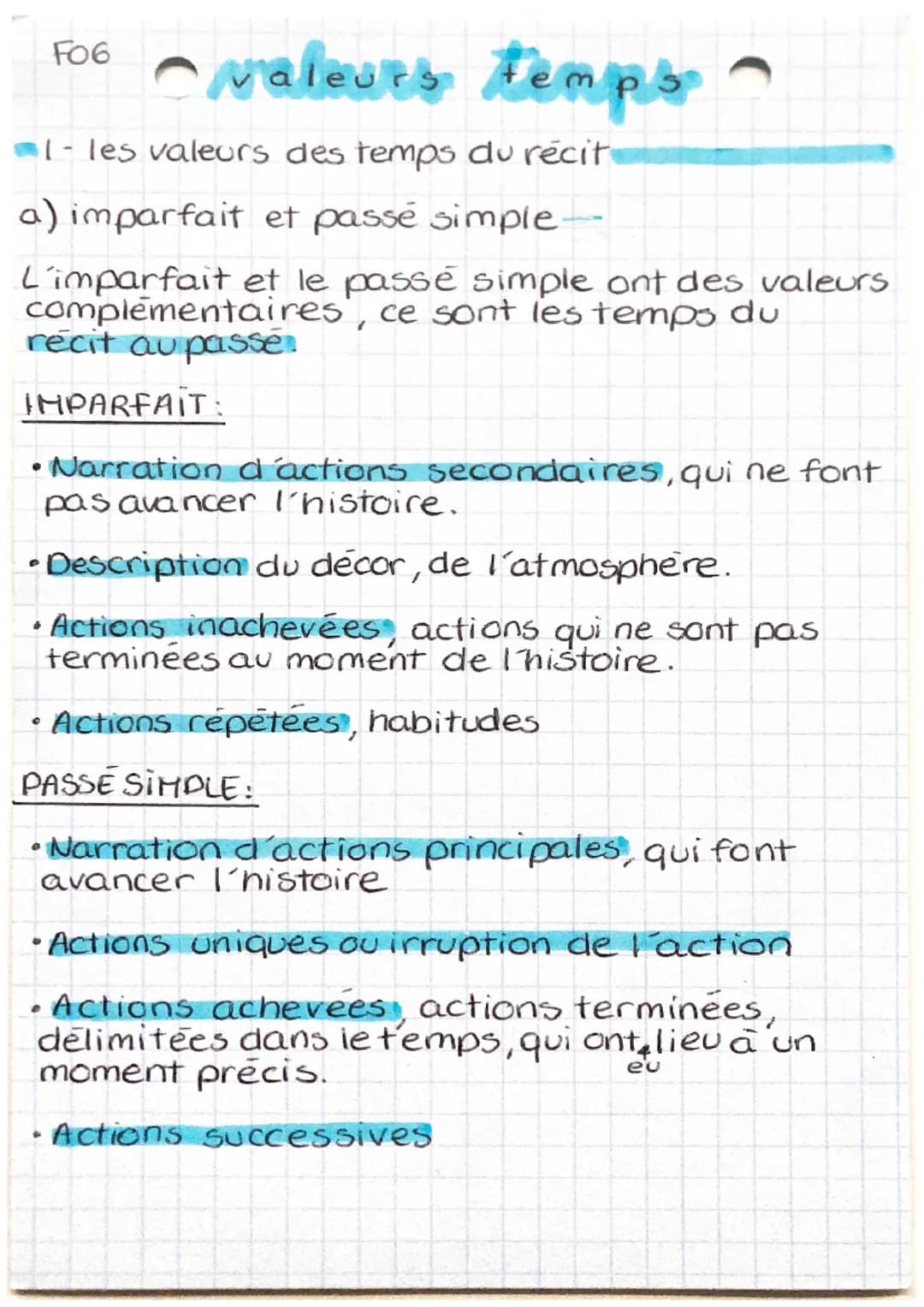 F06
• valeurs temps
1- les valeurs des temps du récit
a) imparfait et passé simple-
L'imparfait et le passé simple ont des valeurs.
compleme