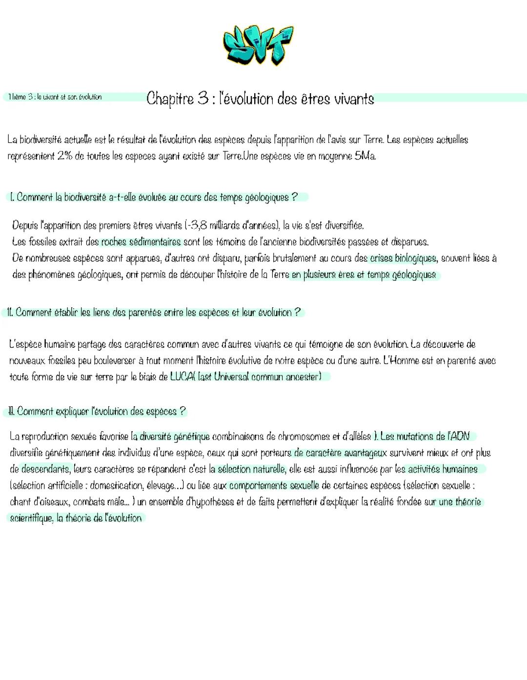 SVT 3ème: Évolution des espèces et histoire de la vie aux temps géologiques