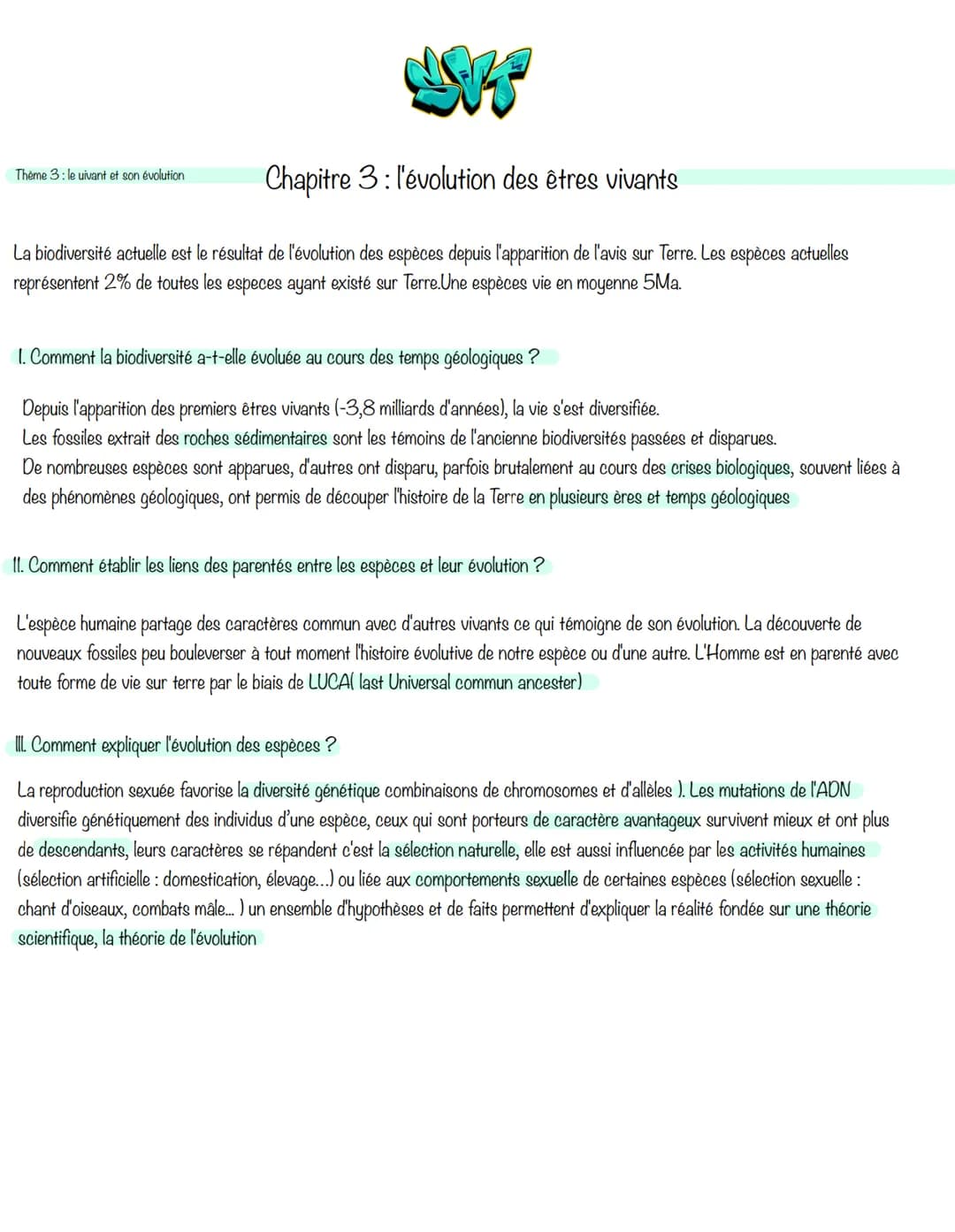 AVE
Chapitre 3: l'évolution des êtres vivants
La biodiversité actuelle est le résultat de l'évolution des espèces depuis l'apparition de l'a