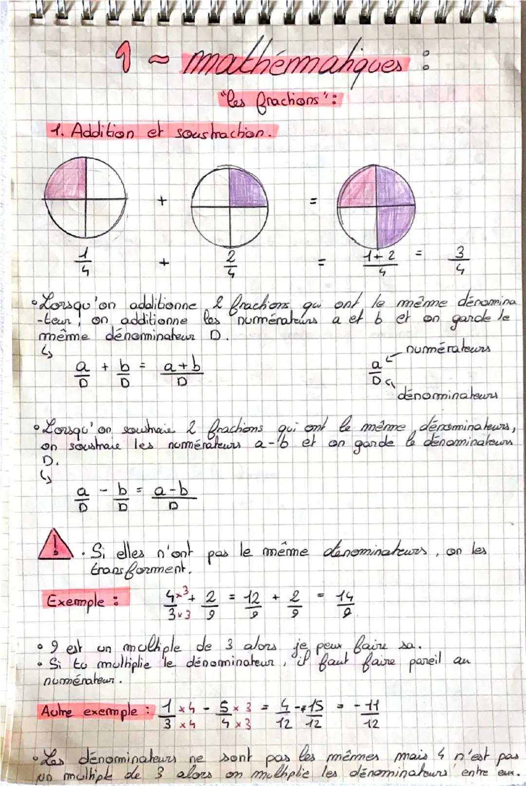 1 - mathématiques
"les fractions"
1. Addition et soustraction.
+ 
1/4
2/4
= 1+2/4 = 3/4
•Lorsqu'on additionne 2 fractions qui ont le même dé