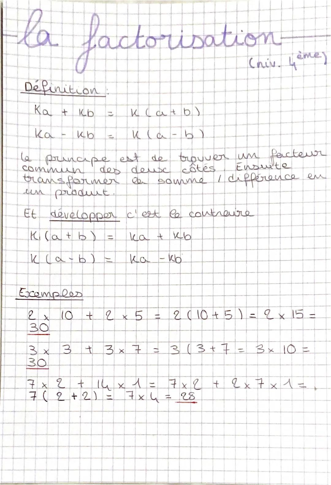 # la factorisation

(niv. 4ème)

Définition:

Ka + kb = k(a+b)

Ka - kb = k(a-b)

le principe est de trouver un facteur
commun des deux côté