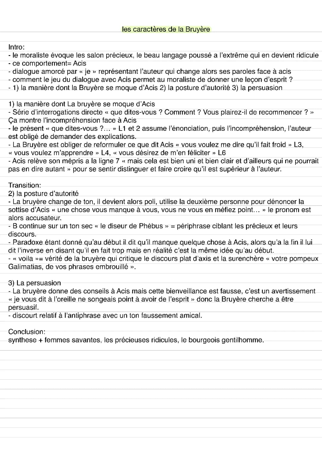 Fiche de Commentaire Linéaire: Portrait d'Acis dans Les Caractères