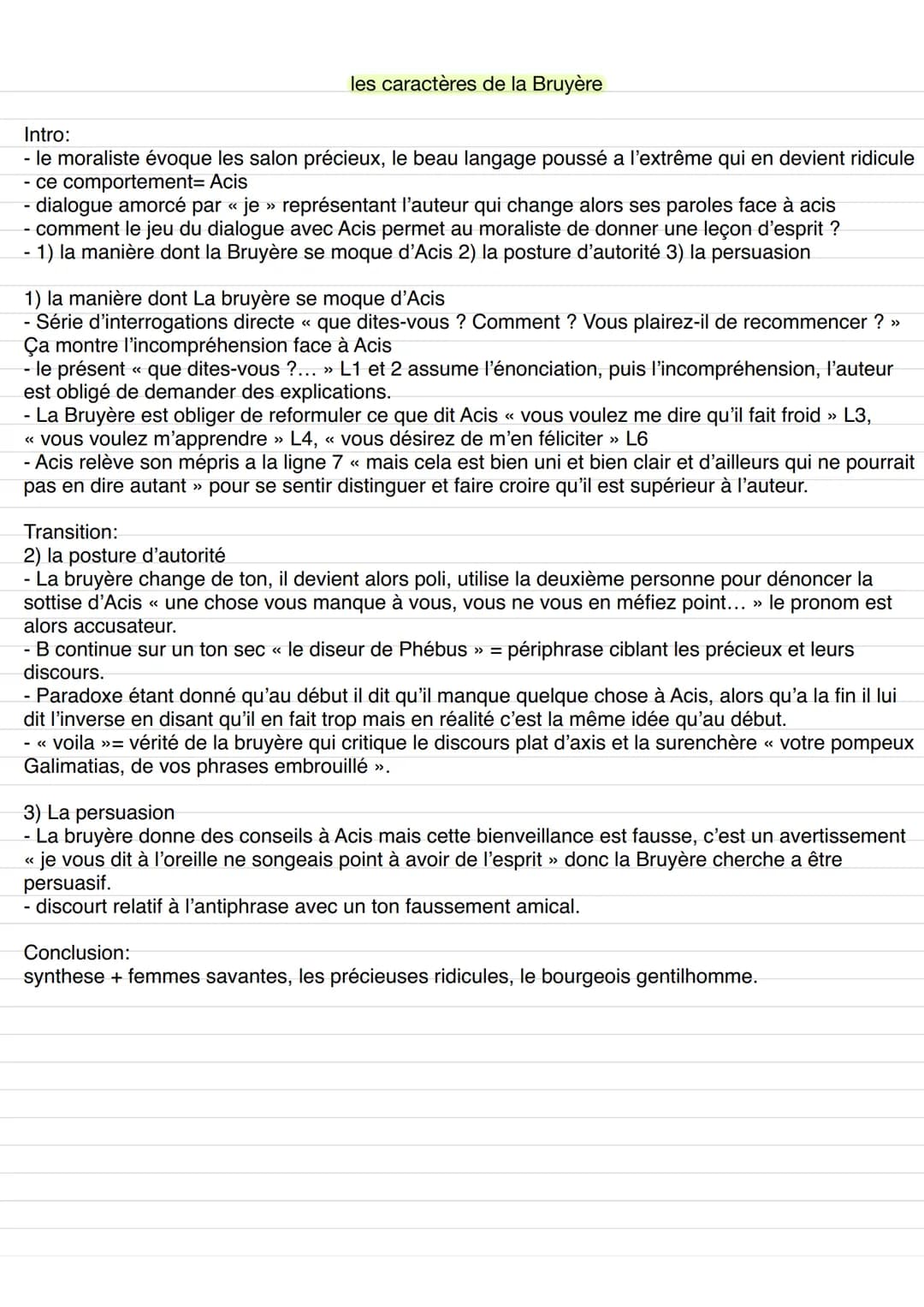 les caractères de la Bruyère
Intro:
- le moraliste évoque les salon précieux, le beau langage poussé a l'extrême qui en devient ridicule
- c