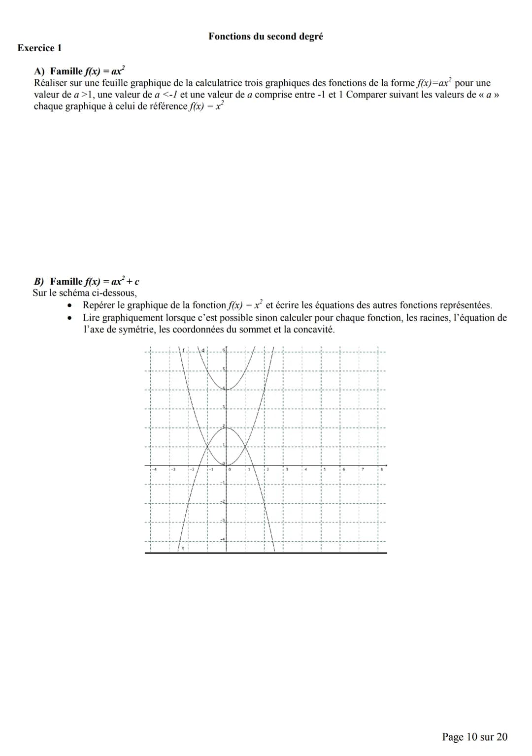 Chapitre 4: Fonctions du second degré
A. Découverte par la calculatrice de la fonction du second degré.
Activité 1:
Tracer les paraboles d'é