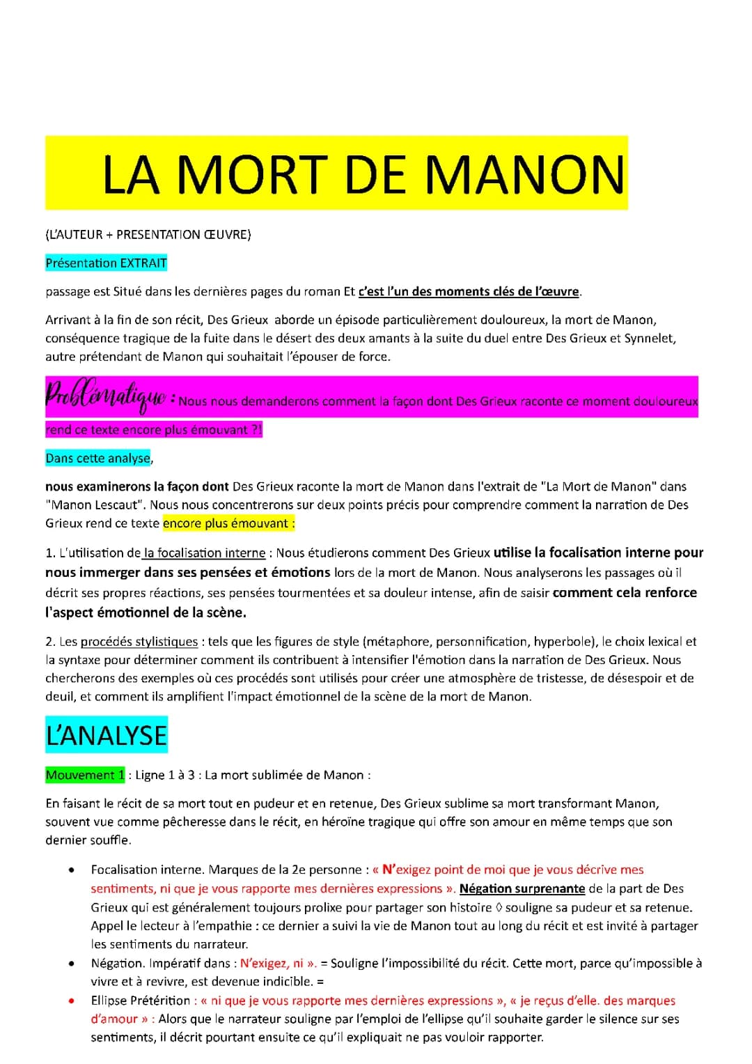 Analyse linéaire Extrait de Manon Lescaut - Les thèmes et Résumé