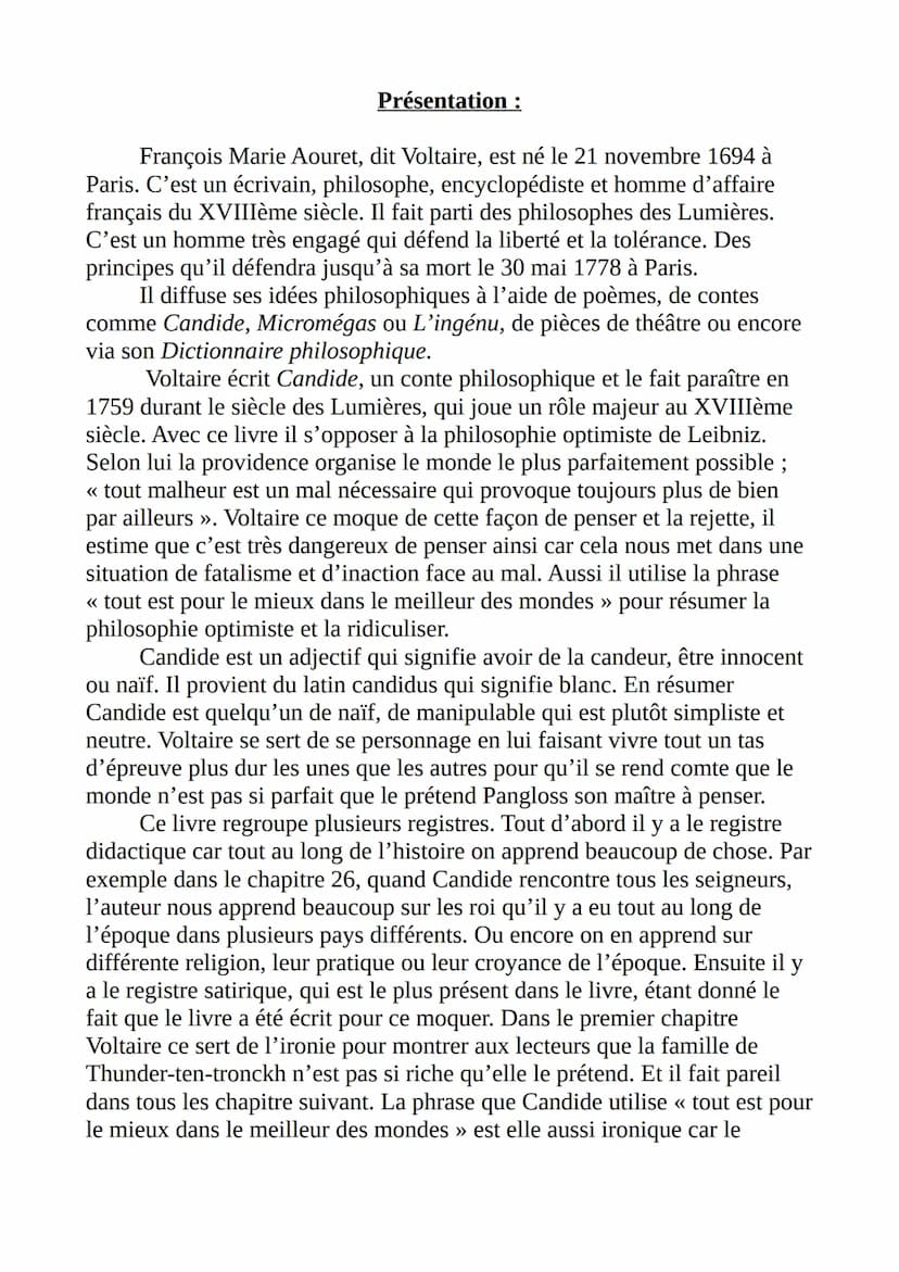 LEPLANOIS
Camille
DOSSIER
Candide
de Voltaire
1er 5
octobre 2021 Présentation :
François Marie Aouret, dit Voltaire, est né le 21 novembre 1