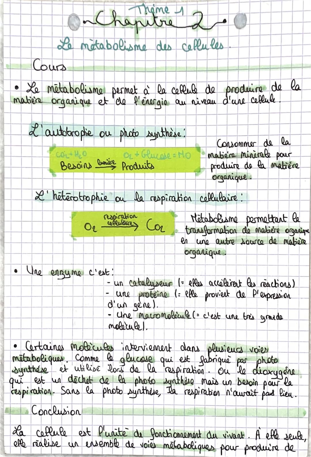 Theme 1
On Chapitre 2
Le metabolisme des cellules
Cours
• Le metabolisme permet à la cellule de produire de la
matière organique et de l'éne