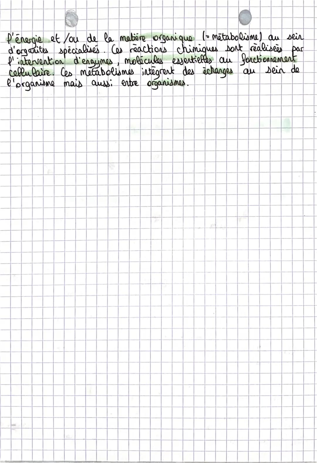 Theme 1
On Chapitre 2
Le metabolisme des cellules
Cours
• Le metabolisme permet à la cellule de produire de la
matière organique et de l'éne