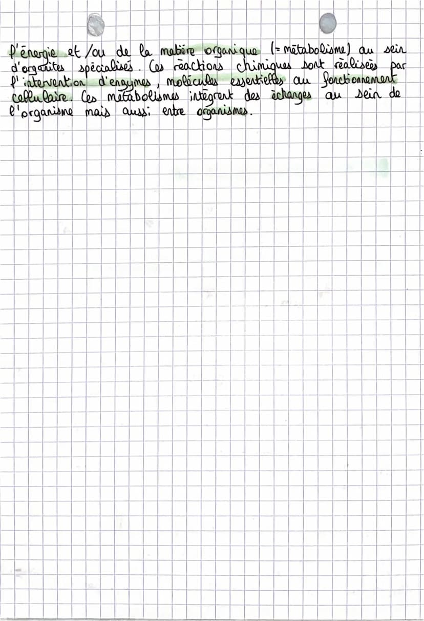 Theme 1
On Chapitre 2
Le metabolisme des cellules
Cours
• Le metabolisme permet à la cellule de produire de la
matière organique et de l'éne