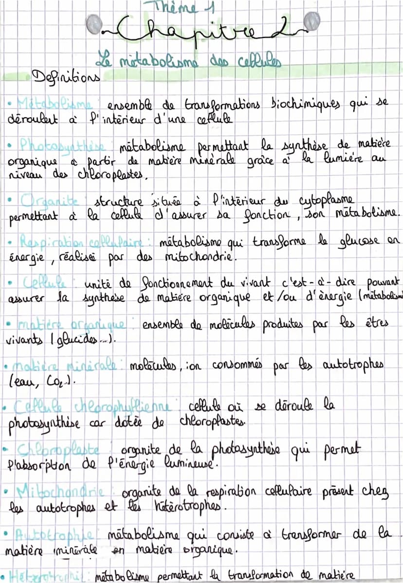 Theme 1
On Chapitre 2
Le metabolisme des cellules
Cours
• Le metabolisme permet à la cellule de produire de la
matière organique et de l'éne