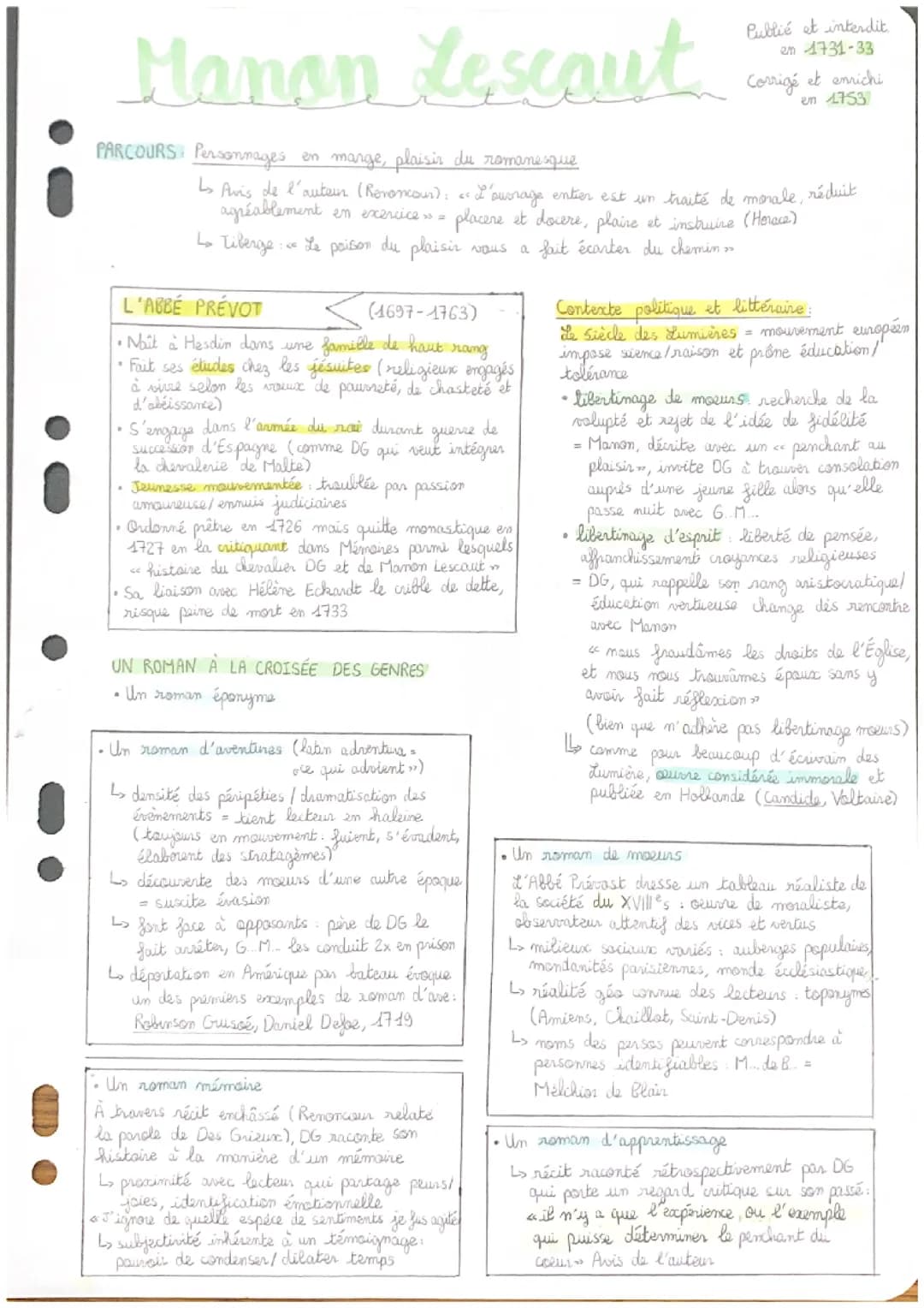Manon Lescaut fiche révision bac 