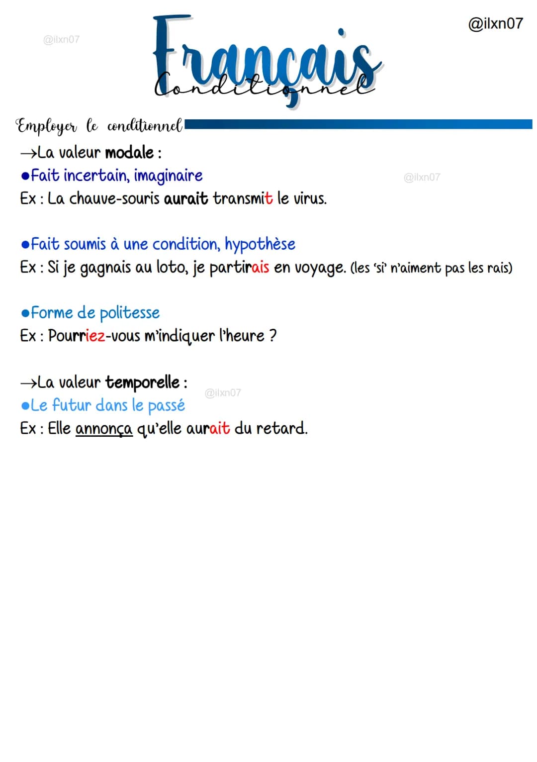 @ilxn07
Français
Employer le conditionnel!
→La valeur modale :
●Fait incertain, imaginaire
Ex: La chauve-souris aurait transmit le virus.
Fo