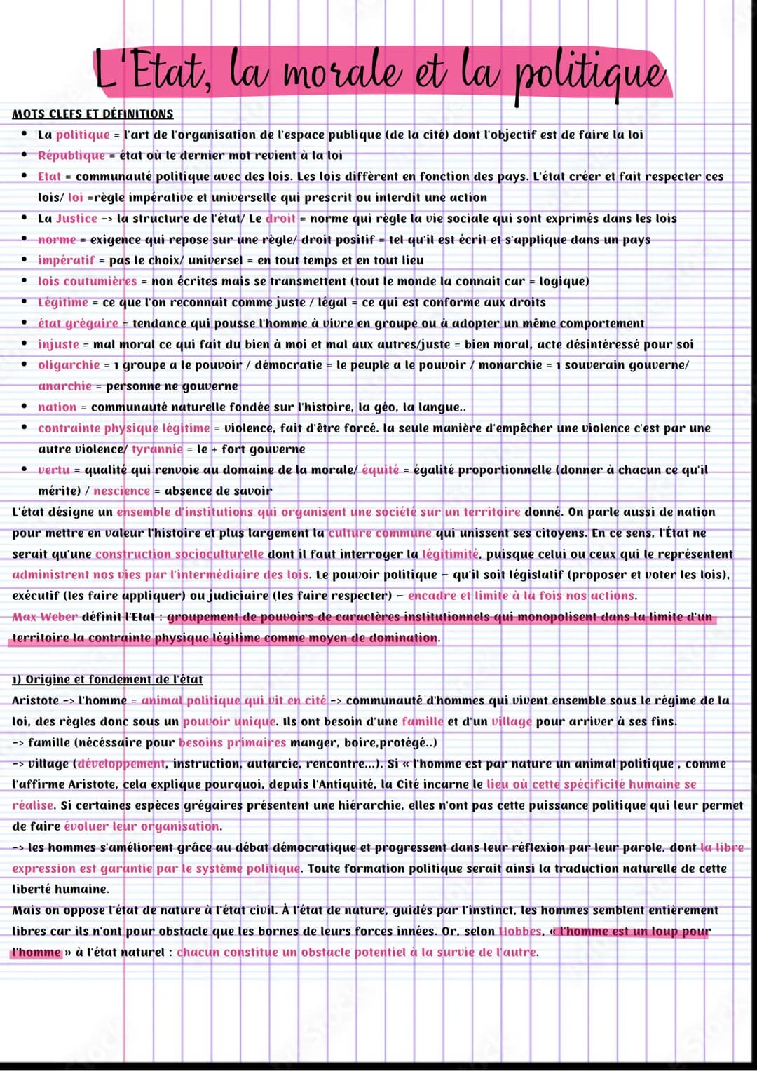 MOTS CLEFS ET DÉFINITIONS
• La politique = l'art de l'organisation de l'espace publique (de la cité) dont l'objectif est de faire la loi
• R