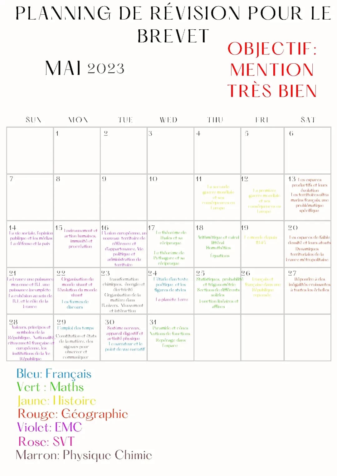 Planning de révision brevet 