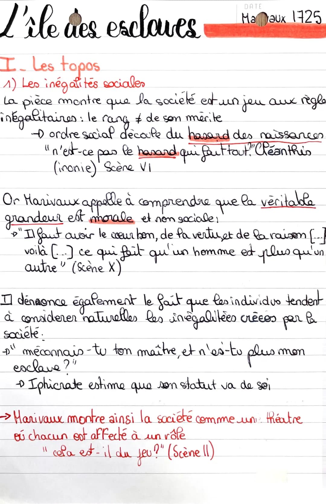 L'ile des esclaves
I. Les topos
1) Les inégalités sociales
La pièce montre
que
intégalitaires : le rang & de son mérite
la société est un jo