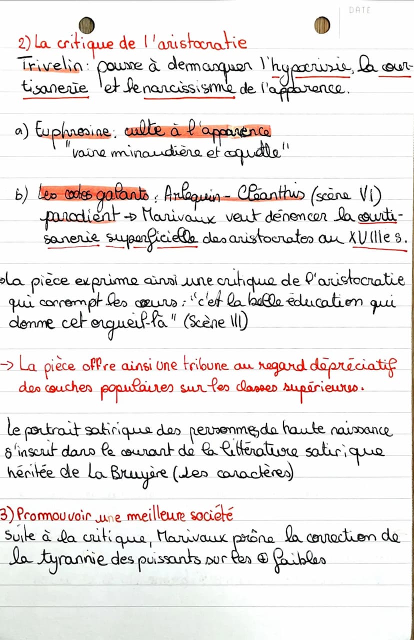 L'ile des esclaves
I. Les topos
1) Les inégalités sociales
La pièce montre
que
intégalitaires : le rang & de son mérite
la société est un jo