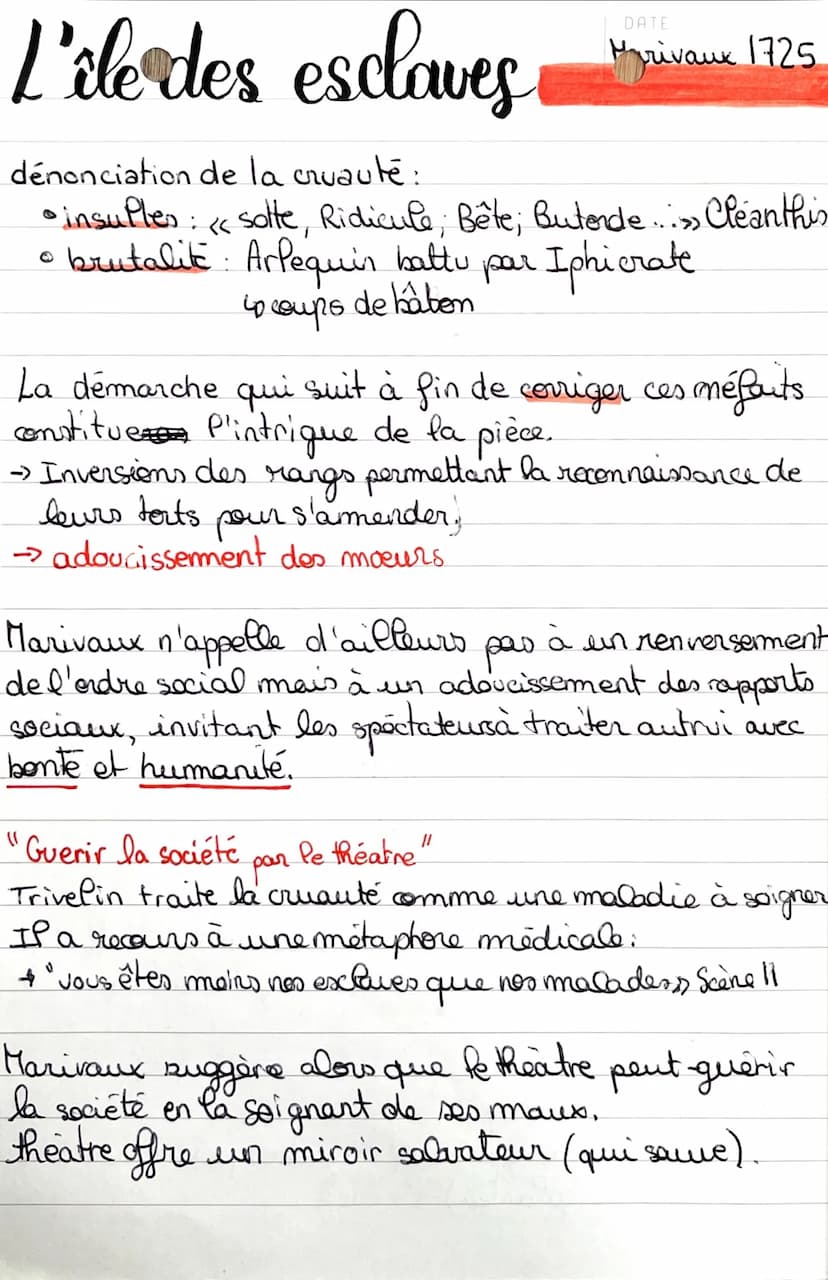 L'ile des esclaves
I. Les topos
1) Les inégalités sociales
La pièce montre
que
intégalitaires : le rang & de son mérite
la société est un jo
