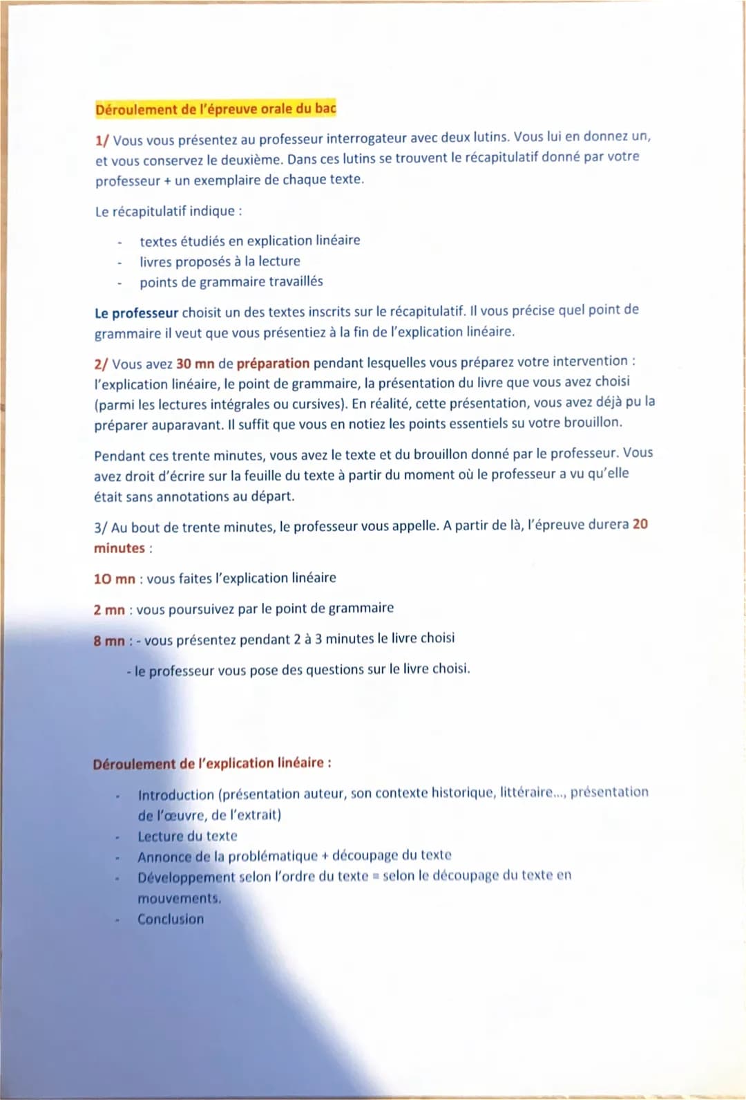 Déroulement de l'épreuve orale du bac
1/ Vous vous présentez au professeur interrogateur avec deux lutins. Vous lui en donnez un,
et vous co