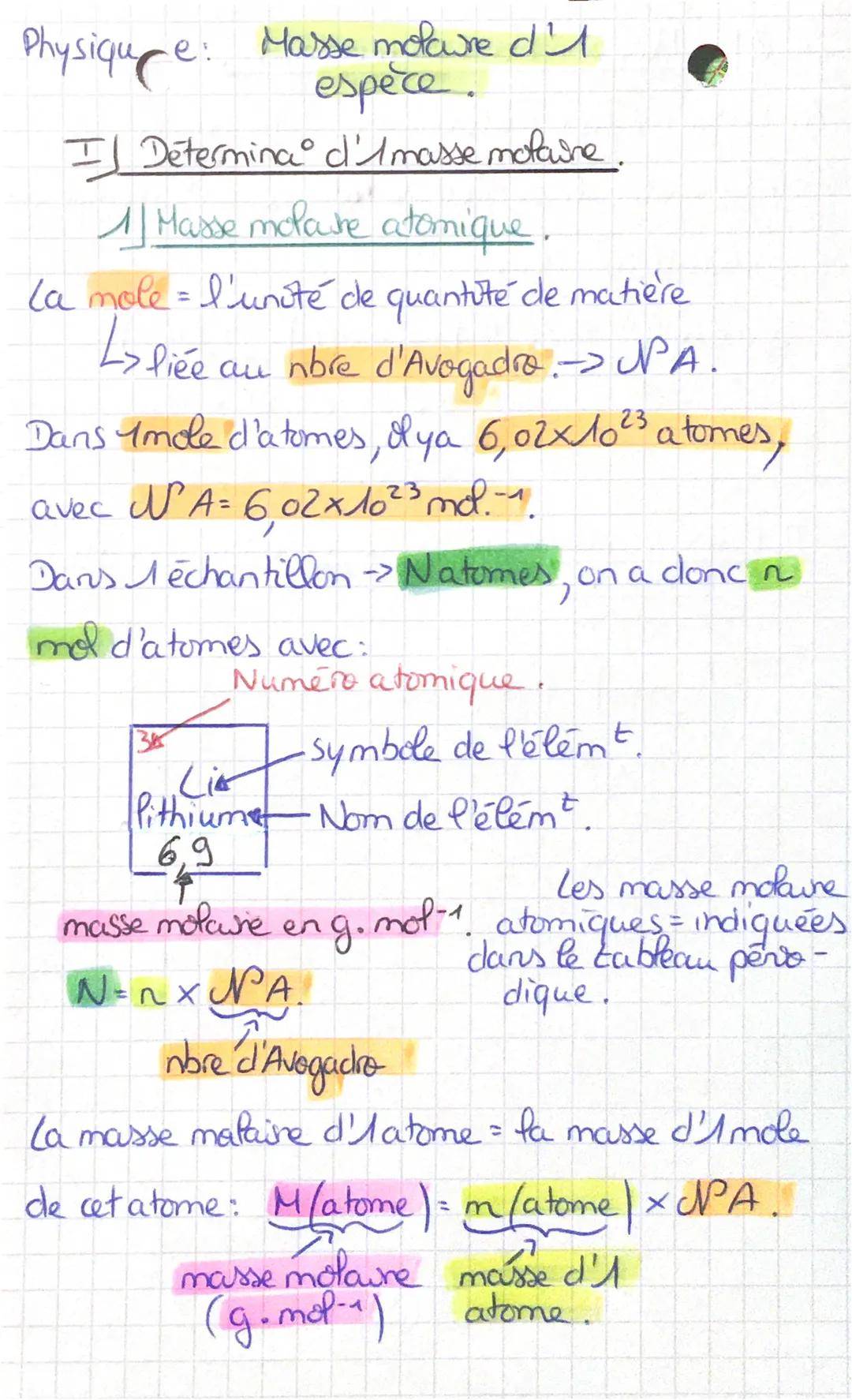 Physique: Masse molaire d'A
espèce.

II Détermina d'Amasse molaire.

1 Masse molaire atomique.

La mole = l'unité de quantité de matière
↳ l