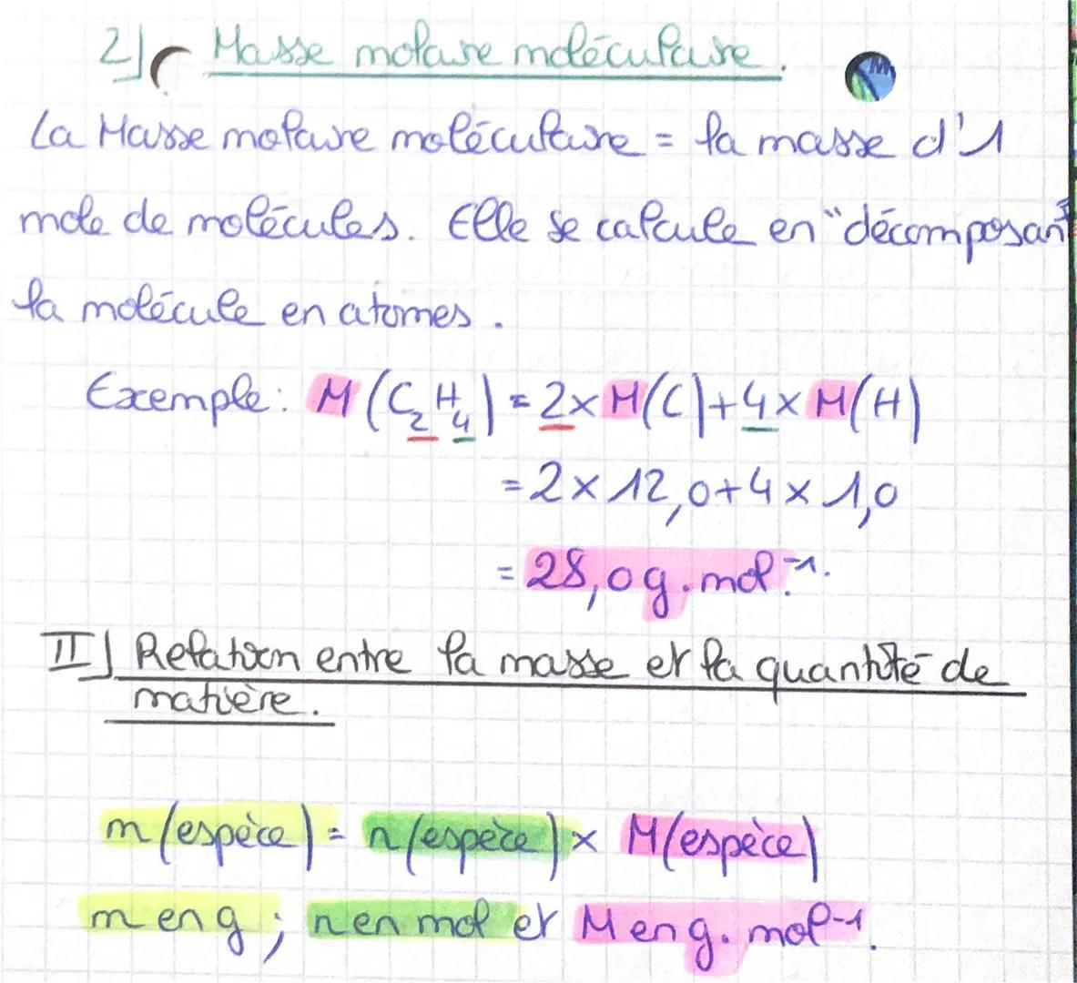 Physique: Masse molaire d'A
espèce.

II Détermina d'Amasse molaire.

1 Masse molaire atomique.

La mole = l'unité de quantité de matière
↳ l