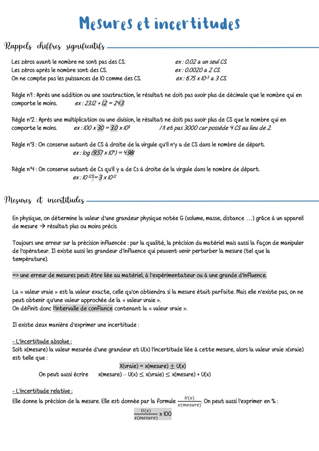 Mesures et incertitudes
Rappels chiffres significatifs
Les zéros avant le nombre ne sont pas des CS.
Les zéros après le nombre sont des CS.
