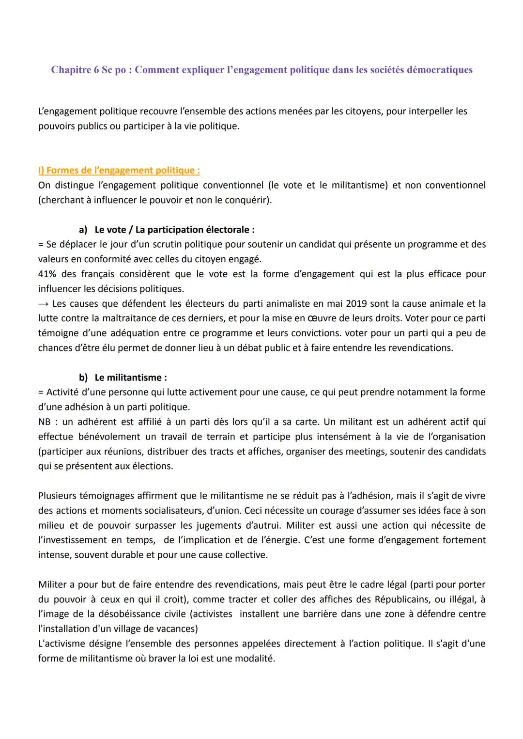 Chapitre 6 Sc po: Comment expliquer l'engagement politique dans les sociétés démocratiques
L'engagement politique recouvre l'ensemble des ac