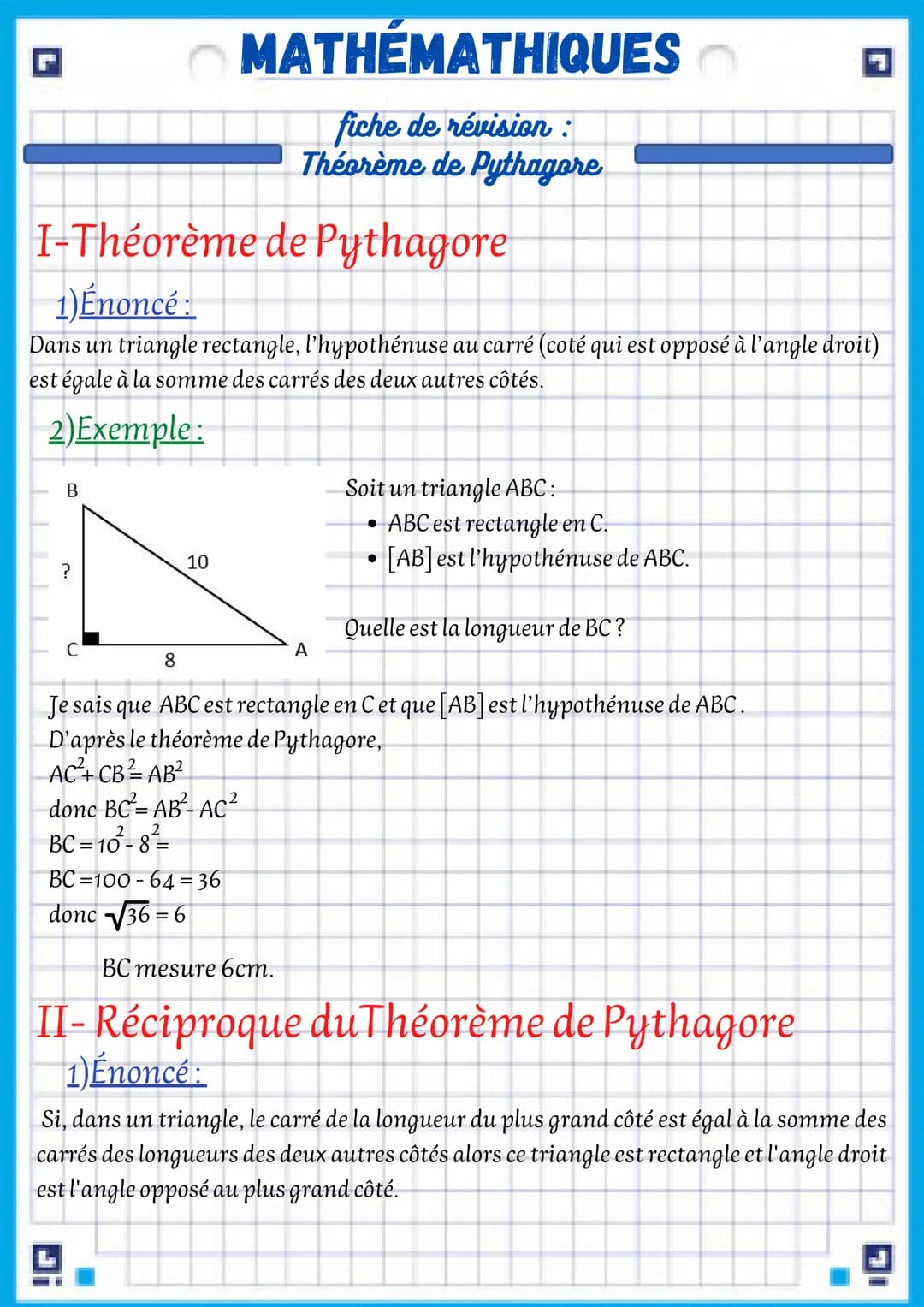 L
B
1-Théorème de Pythagore
1) Énoncé :
Dans un triangle rectangle, l'hypothénuse au carré (coté qui est opposé à l'angle droit)
est égale à