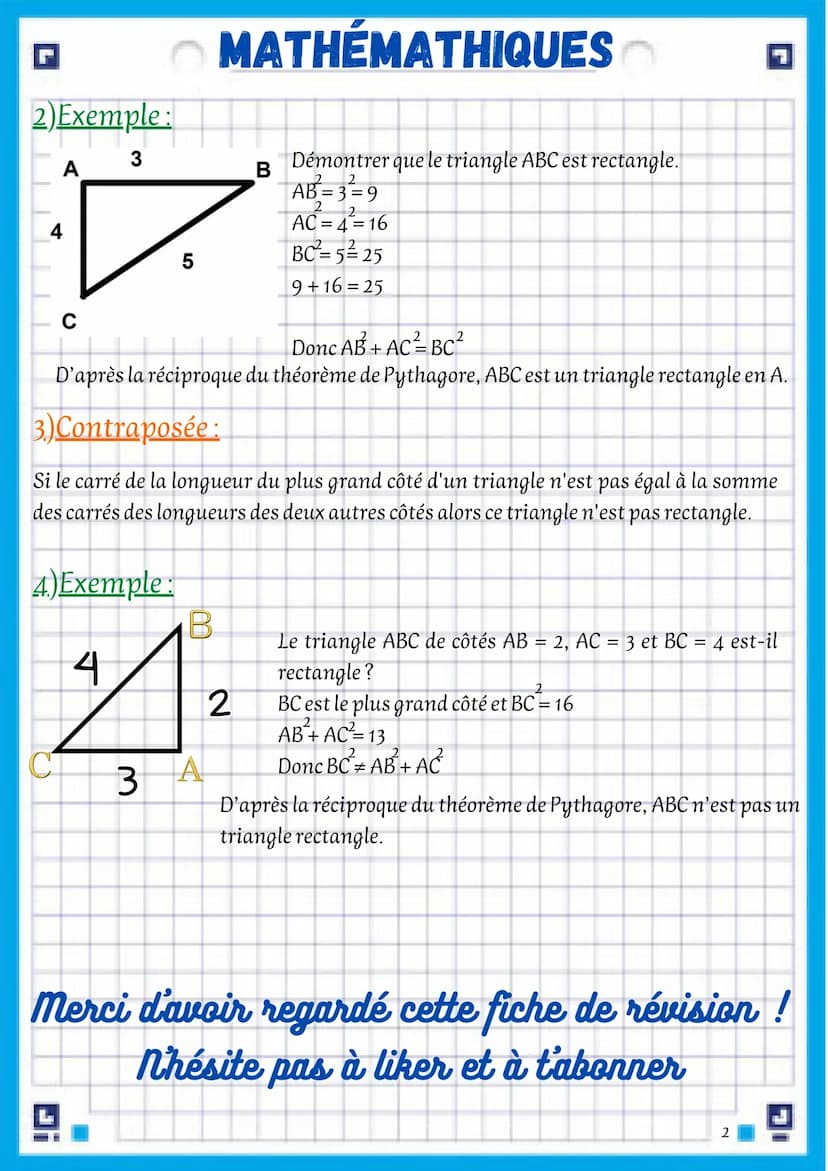 L
B
1-Théorème de Pythagore
1) Énoncé :
Dans un triangle rectangle, l'hypothénuse au carré (coté qui est opposé à l'angle droit)
est égale à