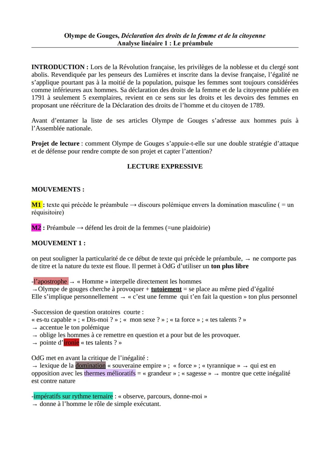 Olympe de Gouges, Déclaration des droits de la femme et de la citoyenne
Analyse linéaire 1 : Le préambule
INTRODUCTION : Lors de la Révoluti