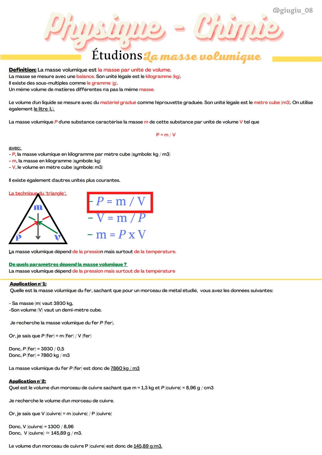 @giugiu_08
Physique-Chimie
Étudions da masse volumique
Définition: La masse volumique est la masse par unité de volume.
La masse se mesure a