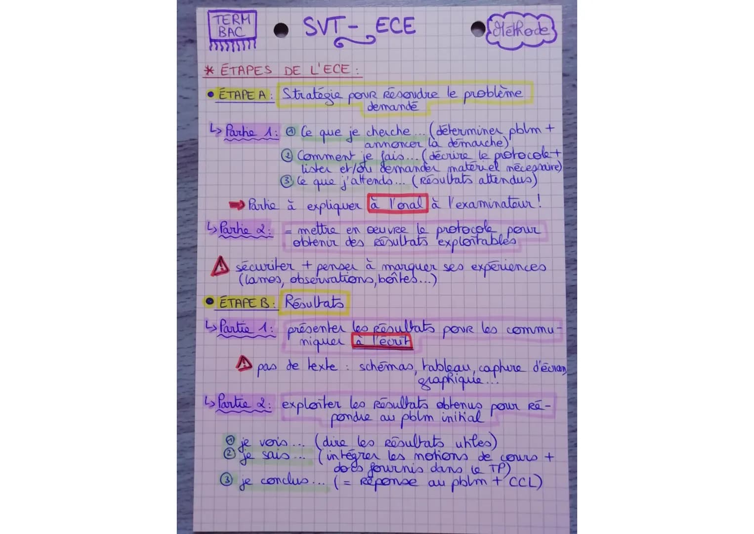 TERM
BAC
* ETAPES DE L'ECE:
• ÉTAPE A : Stratégie pour résoudre le problème
demandé
• Parke
↳ Parte 2:
SVT- ECE
L> Partie 1: Ⓒ Ce que je che