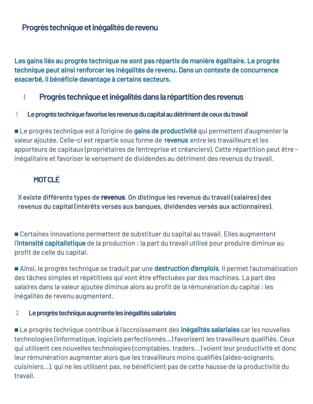 Progrès technique et inégalités de revenu
Les gains liés au progrès technique ne sont pas répartis de manière égalitaire. Le progrès
techniq