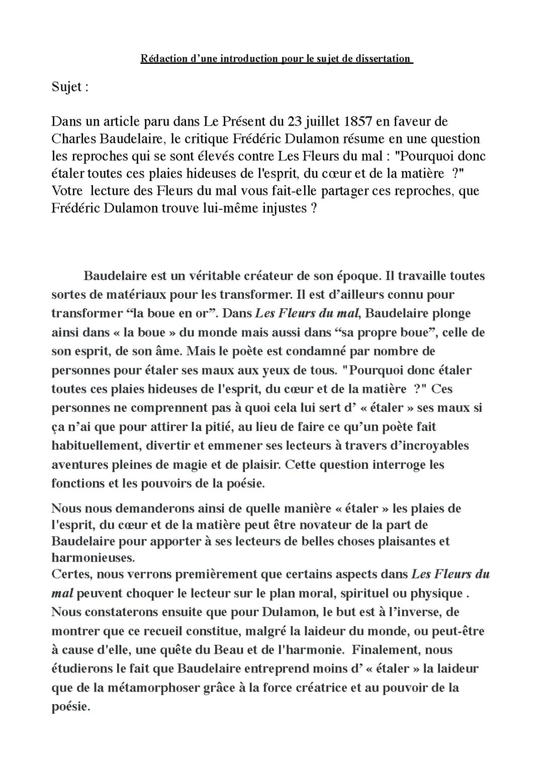 Dissertation sur Les Fleurs du Mal de Baudelaire : Introduction et Résumé