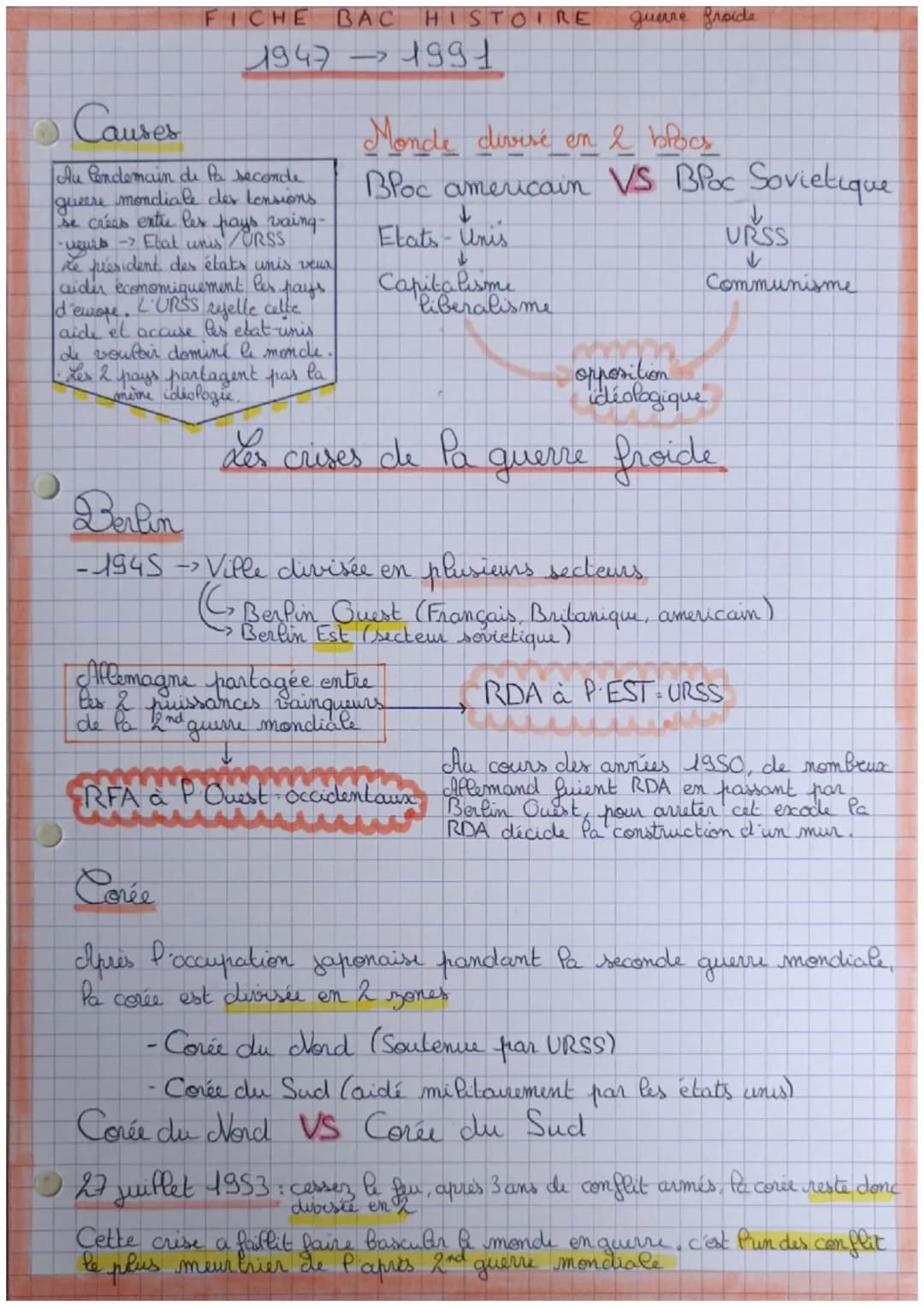 FICHE BAC HISTOIRE guerre froide
1947
Causes
Au lendemain de la seconde
mondiale des tensions.
pays vaing-
-ugurs -> Ebat unis / URSS
Le pré