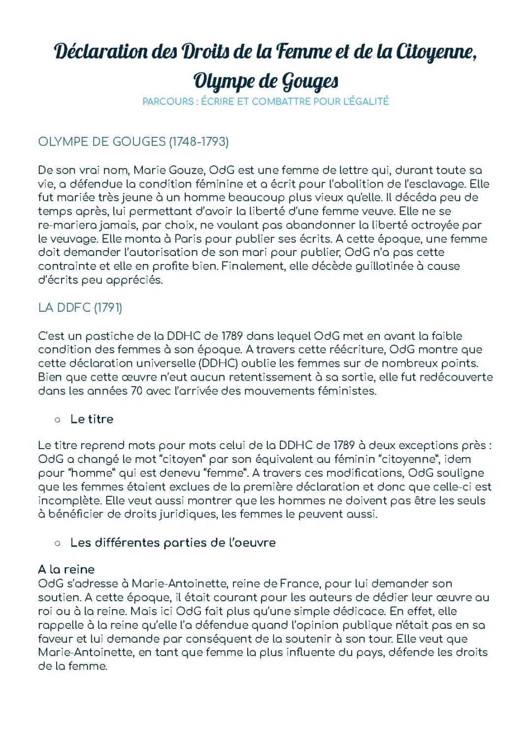 Fiche de lecture Déclaration des droits de la femme et de la citoyenne PDF - Analyse et Résumé Olympe de Gouges