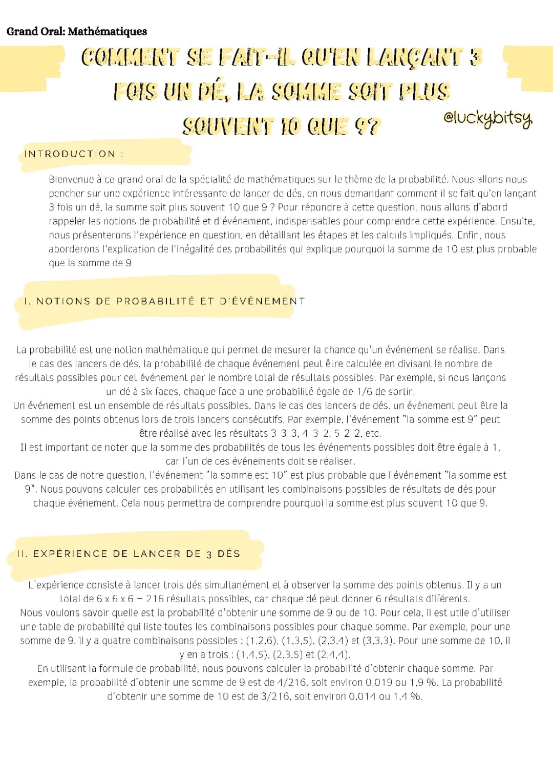 Sujet Grand Oral: Probabilité avec différents dés - 3 dés, 2 dés et plus