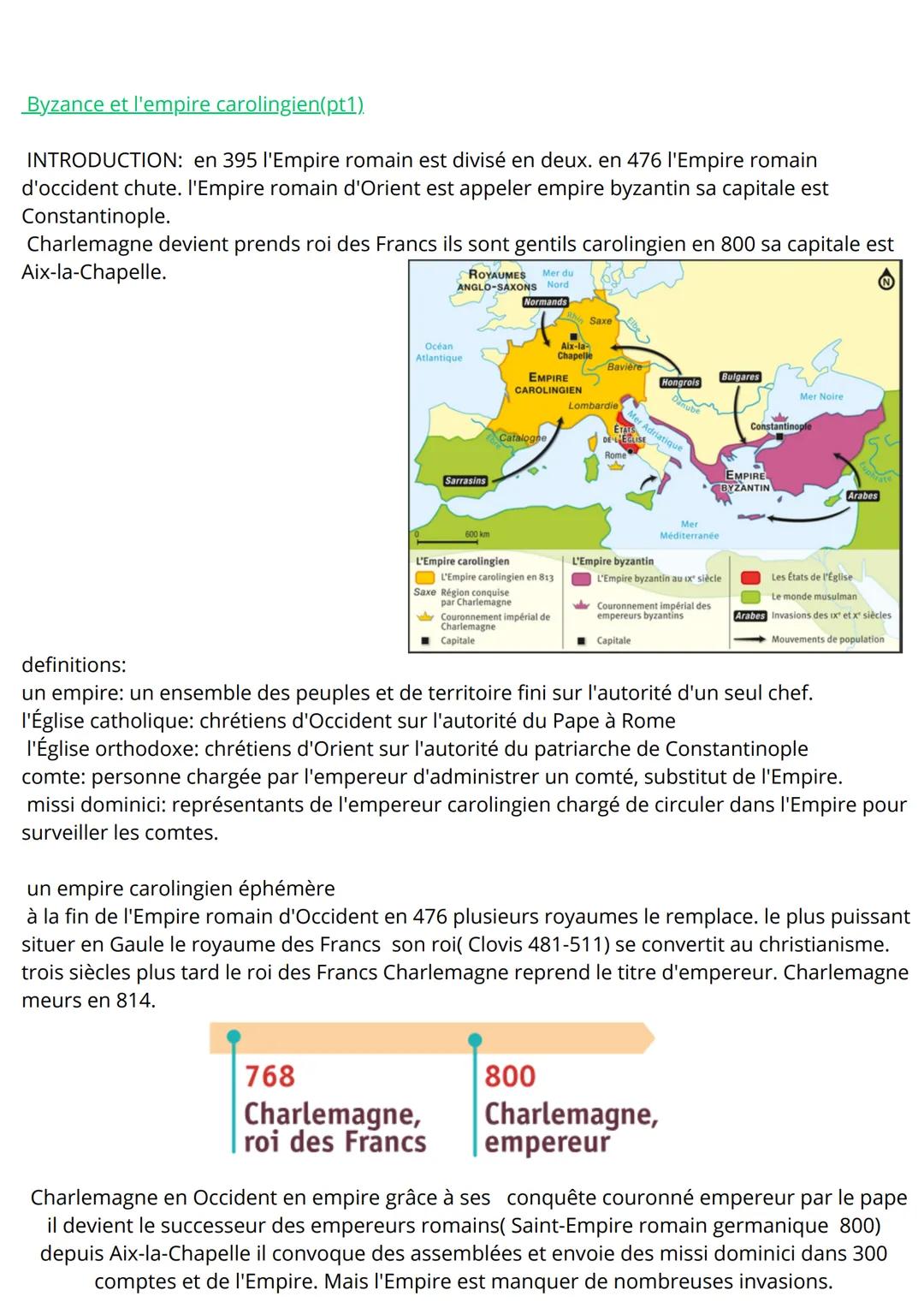 Byzance et l'empire carolingien(pt1)
INTRODUCTION: en 395 l'Empire romain est divisé en deux. en 476 l'Empire romain
d'occident chute. l'Emp