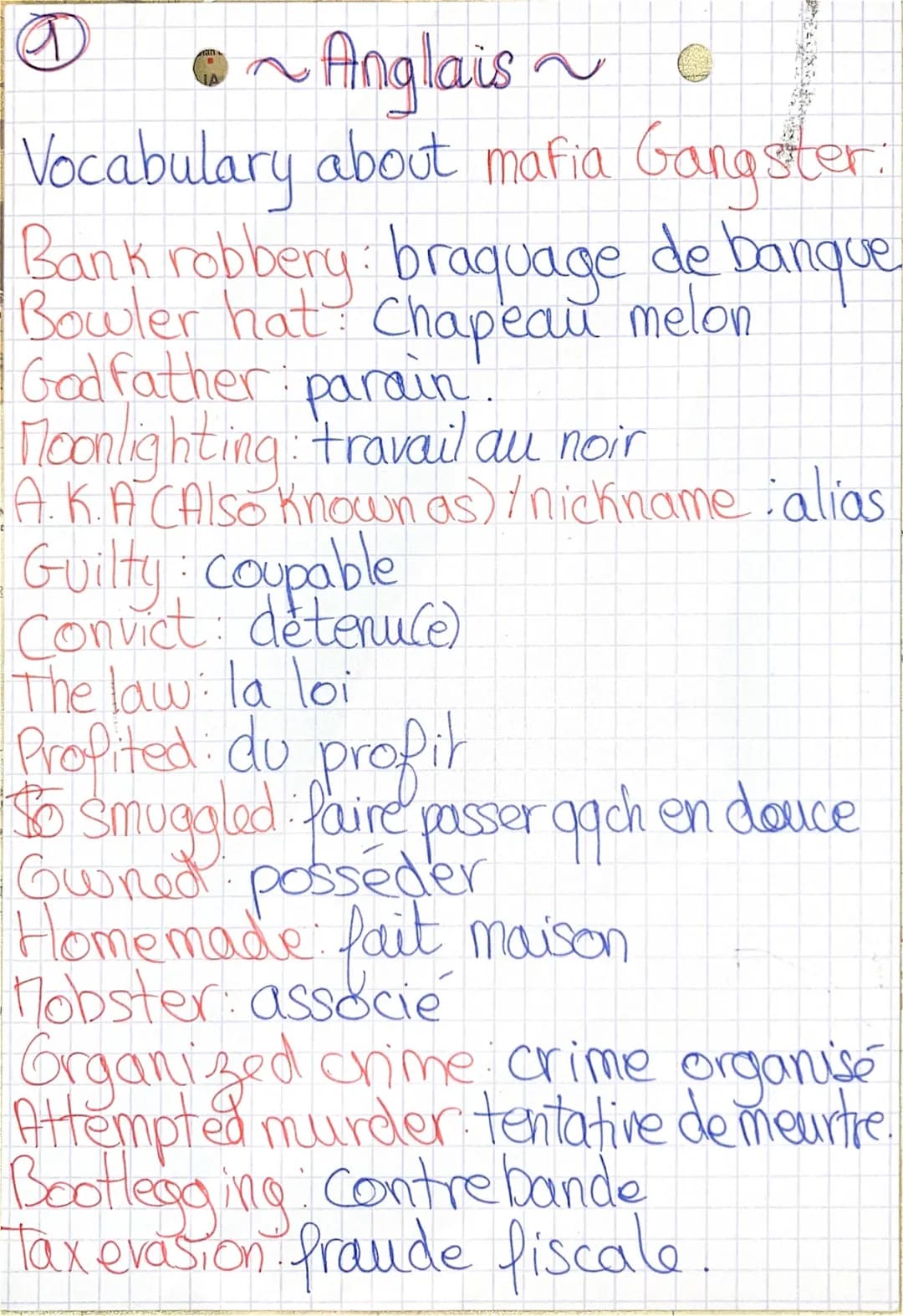 @
•~ Anglais~
~
C
Vocabulary about mafia Gangster:
Bank robbery: braquage de banque
Bowler hat: Chapeau melon
Godfather: parain.
Moonlightin