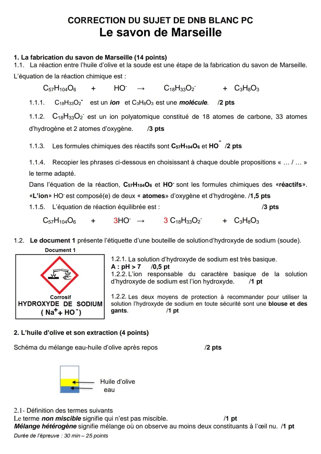 CORRECTION DU SUJET DE DNB BLANC PC
Le savon de Marseille
1. La fabrication du savon de Marseille (14 points)
1.1. La réaction entre l'huile
