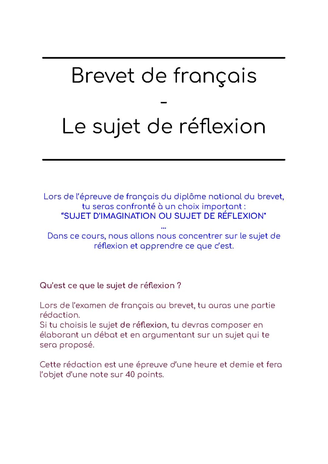 Exemples et Corrigés de Sujets de Réflexion pour le Brevet - PDF et Méthodologie