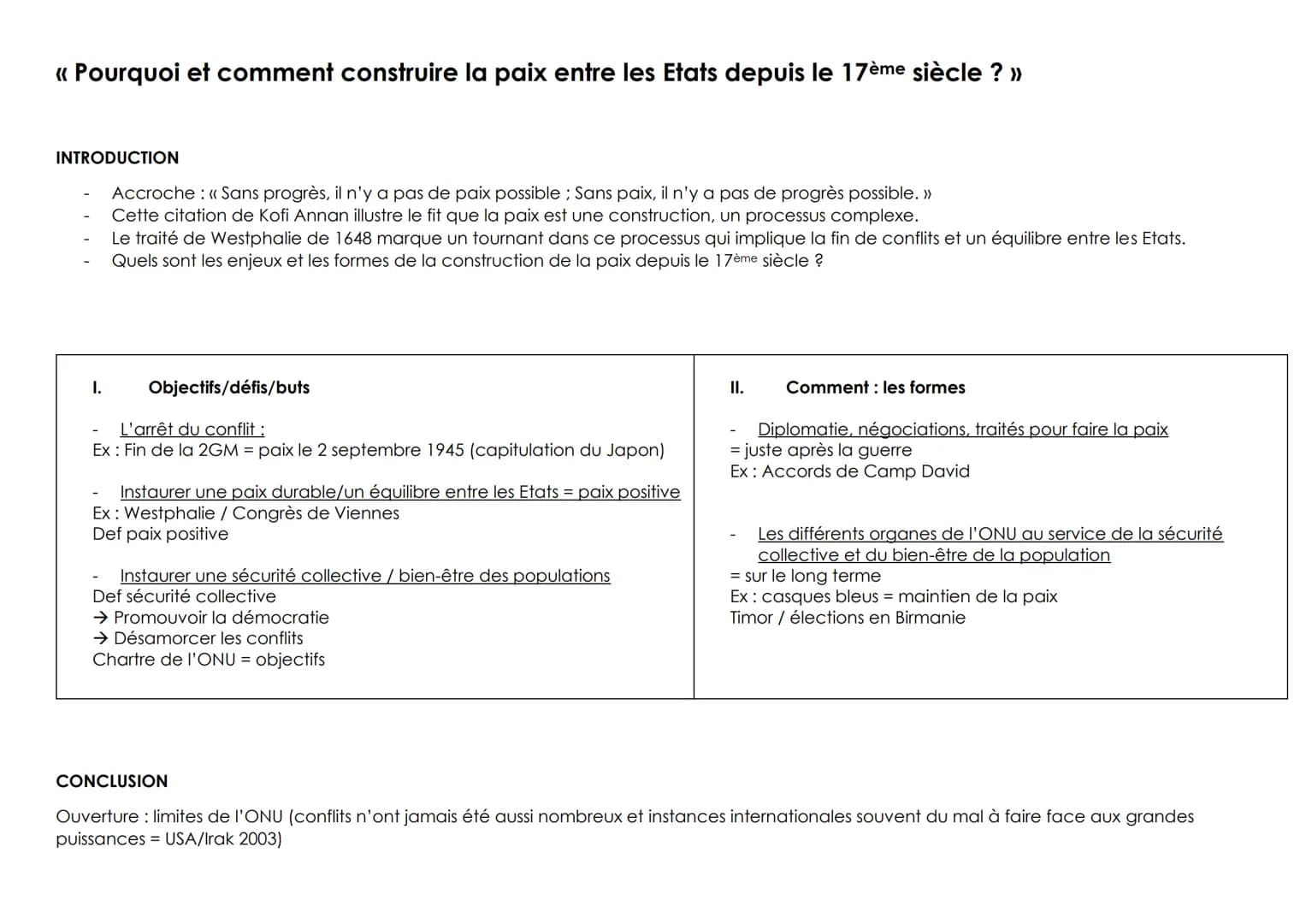 << Pourquoi et comment construire la paix entre les Etats depuis le 17ème siècle ? »
INTRODUCTION
I.
Accroche : << Sans progrès, il n'y a pa