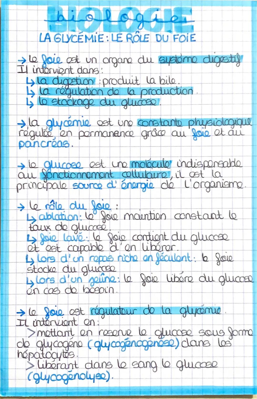 # biologie
LA GLYCÉMIE: LE RÔLE DU FOIE
→ le faie est un organe du systémo digesty
Il intervient dans:
↳ la digestion: produit la bile.
L↳ l